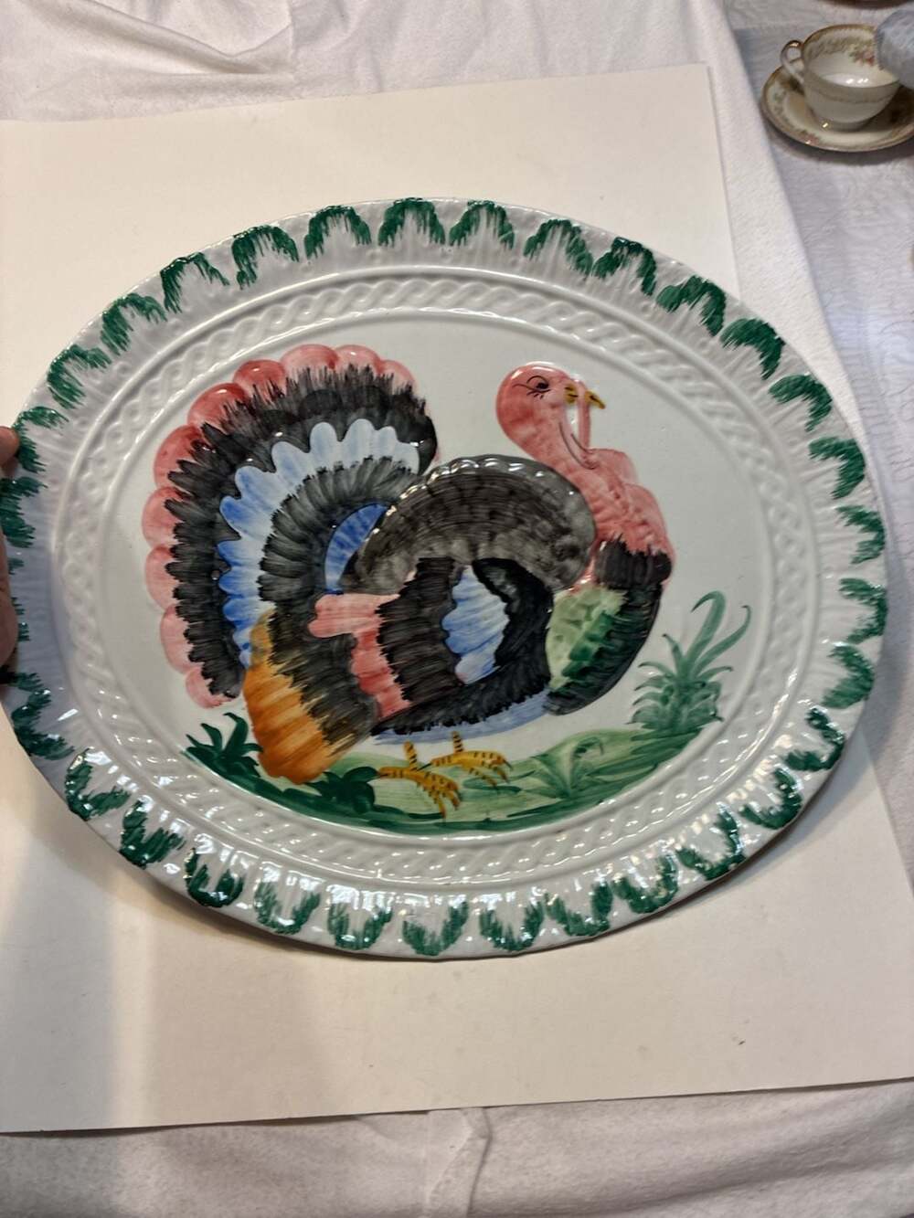 Vintage Hand-Painted Italian Ceramic Turkey Serving Platter Large 19x14